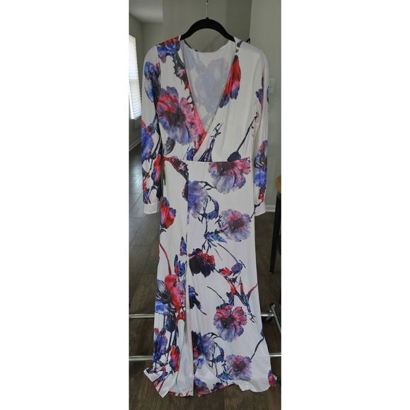 Women's Misguided Long Sleeve V-Neck Floral Print Front Slit Maxi w/ Waist Tie - Picture 2 of 8